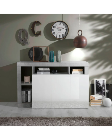 Buffet HAMBURG 3 portes – Blanc laqué brillant / Béton